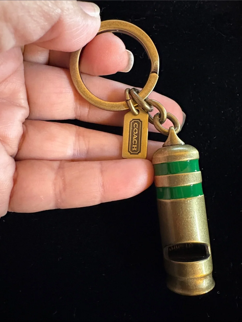 COACH Brass Military Whistle Keychain with Green Stripes
